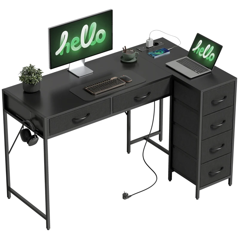 HOMCOM Birou de Colț cu 6 Sertare, cu Cârlig Lateral și Prize Integrate, din Lemn și Oțel, 126x48x80 cm, Negru