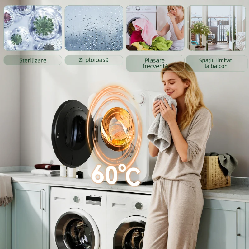 HOMCOM Mini Uscător de Rufe Portabil, Capacitate 2.5 kg, 5 Programe, 800/400 W, Tambur din Oțel Inoxidabil, Alb