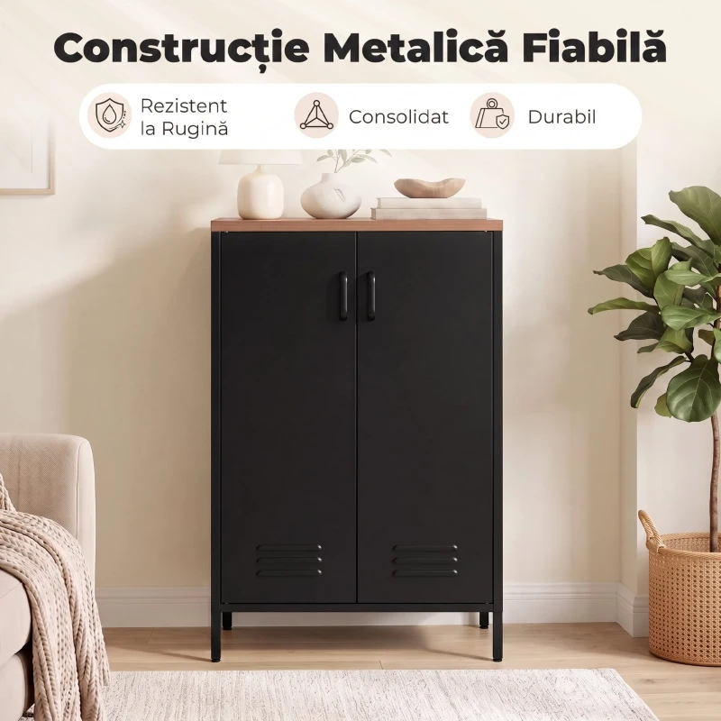 HOMCOM Bufet din Metal cu 2 Uși și Poliță Reglabilă, pentru Living/Birou, Negru