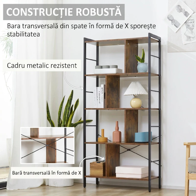 HOMCOM Bibliotecă cu 5 Rafturi, Compartimente Deschise, 77 x 30 x 157,5 cm, Maro Rustic și Negru