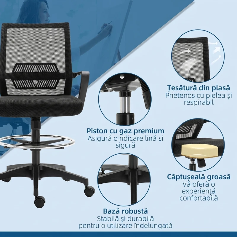 Vinsetto Scaun de Birou Reglabil din Material Textil cu Plasă și Brațe, cu Suport pentru Picioare, 64x59x104-124 cm, Negru