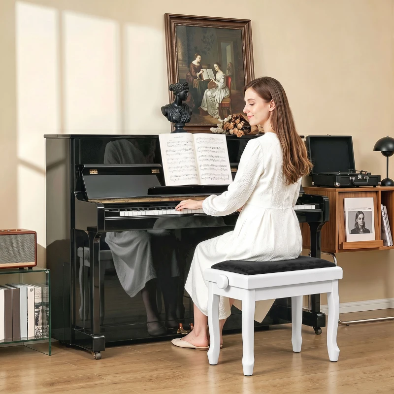 HOMCOM Banco para Piano Regulável 45-56 cm com Assento em Veludo, Pés em Madeira, até 120 kg, Branco