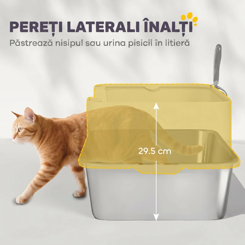 PawHut Litieră pentru Pisici Închisă din Oțel Inoxidabil XL cu Lopățică și Laterale Înalte, Gri