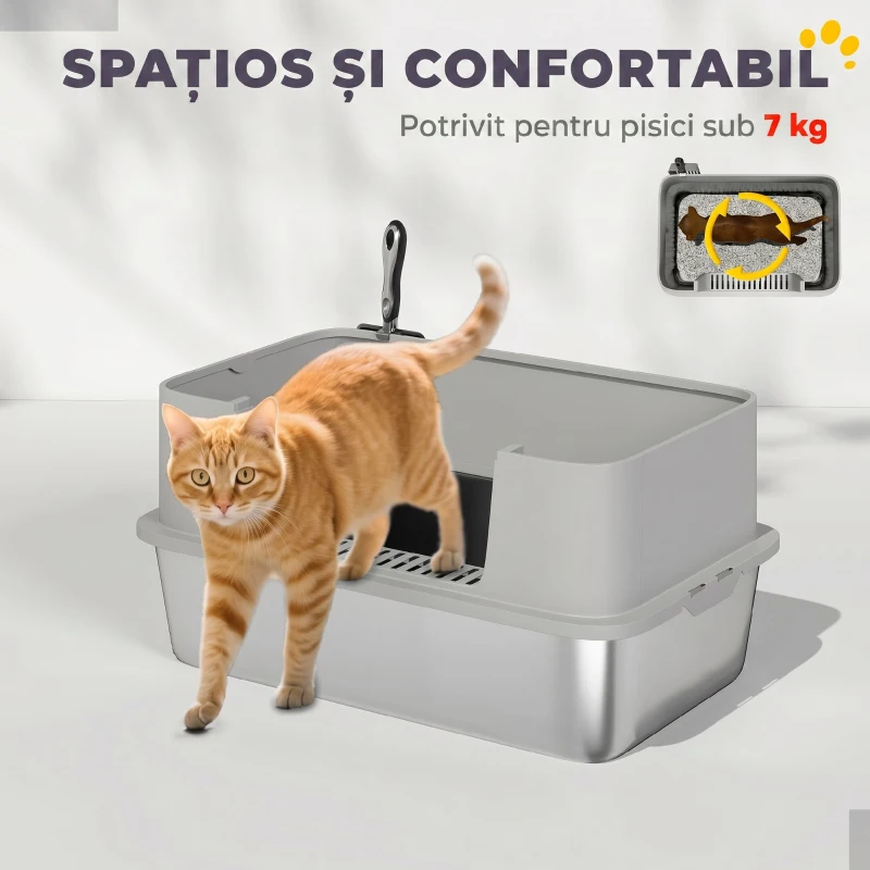 PawHut Litieră pentru Pisici Închisă din Oțel Inoxidabil XL cu Lopățică și Laterale Înalte, Gri