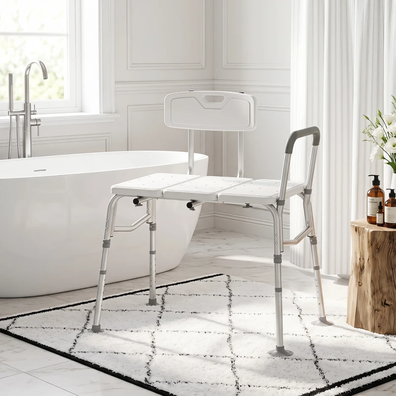 HOMCOM Banco de Transferencia para Bañera Altura Ajustable en 10 Niveles Asiento Amplio Respaldo y Reposabrazos 86x60x89-101 cm Blanco