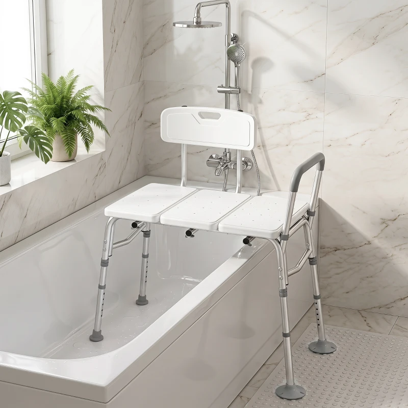 HOMCOM Banco de Transferencia para Bañera Altura Ajustable en 10 Niveles Asiento Amplio Respaldo y Reposabrazos 86x60x89-101 cm Blanco