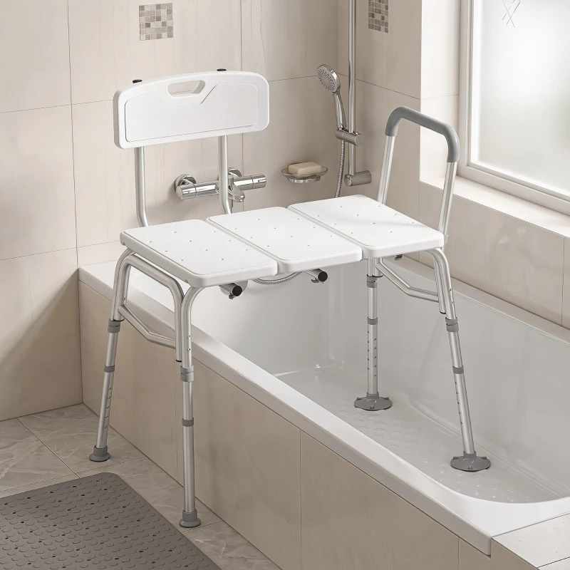 HOMCOM Banco de Transferencia para Bañera Altura Ajustable en 10 Niveles Asiento Amplio Respaldo y Reposabrazos 86x60x89-101 cm Blanco