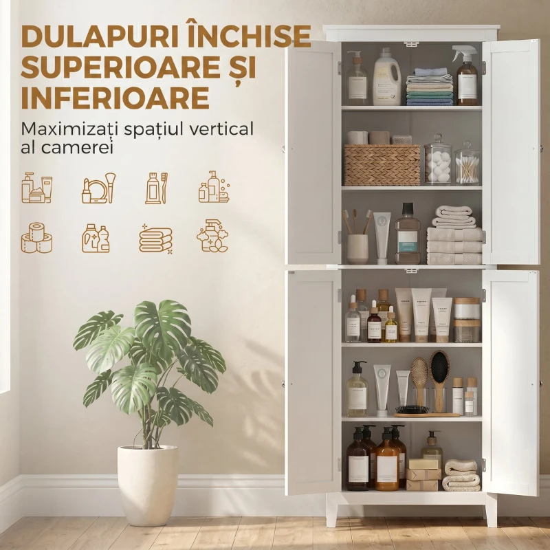 HOMCOM Dulap De Baie Slim Cu 2 Uși, Rafturi Reglabile, MDF, Metal, 60x30x170 cm, Alb