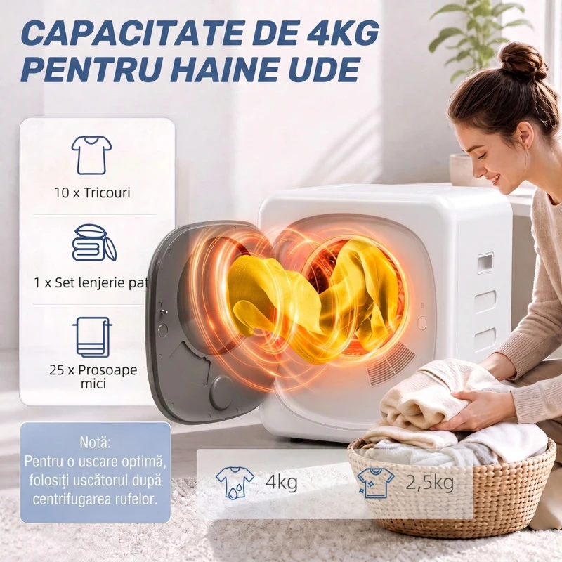 HOMCOM Mini Uscător de Rufe Portabil 2.5 kg, 5 Programe, 800W, Până la 60℃, Timer, Tambur Oțel Inoxidabil, Casă, Alb