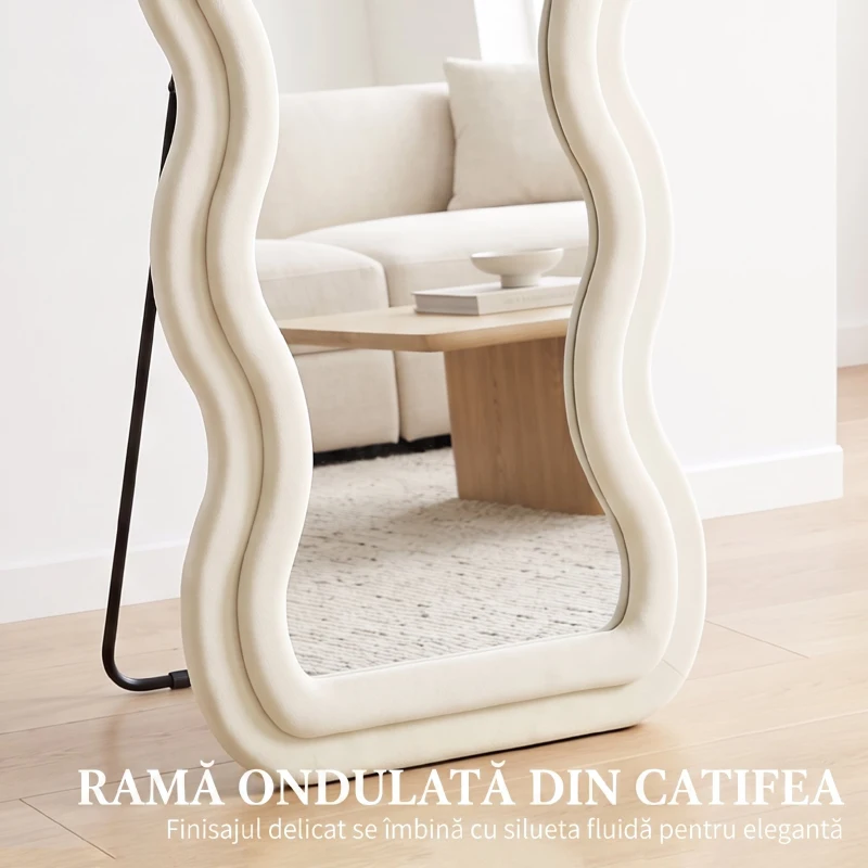 HOMCOM Oglindă de Podea Autoportantă cu Ramă Ondulată din Catifea, 160x60 cm, Sticlă Securizată, Crem