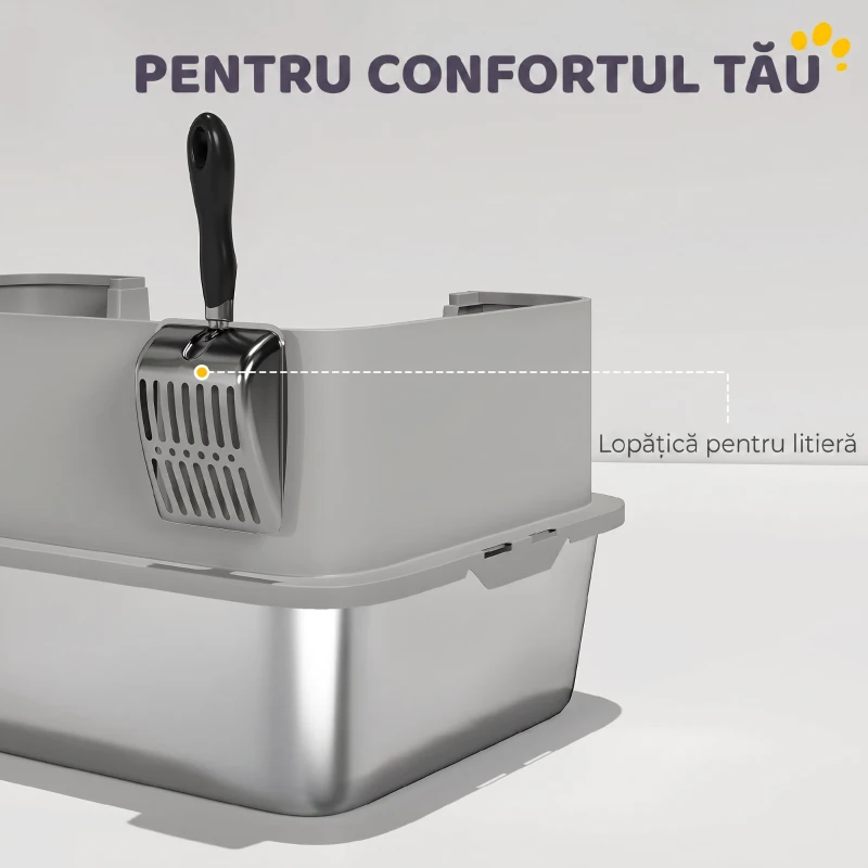 PawHut Litieră pentru Pisici Închisă din Oțel Inoxidabil XL cu Lopățică și Laterale Înalte, Gri