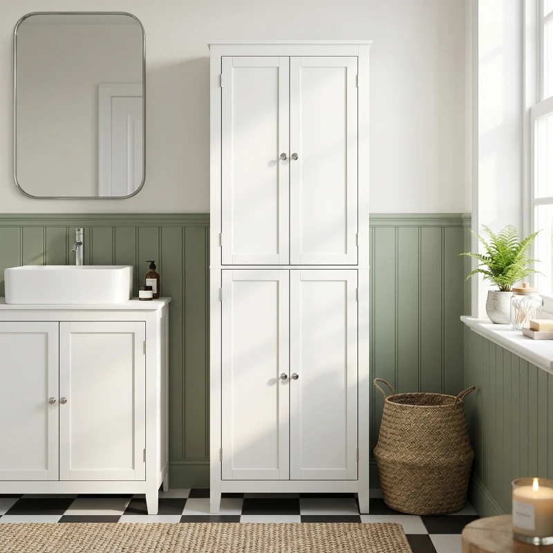 HOMCOM Dulap De Baie Slim Cu 2 Uși, Rafturi Reglabile, MDF, Metal, 60x30x170 cm, Alb