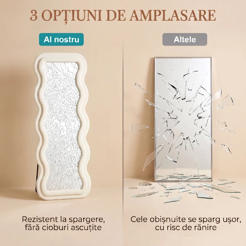 HOMCOM Oglindă de Podea Autoportantă cu Ramă Ondulată din Catifea, 160x60 cm, Sticlă Securizată, Crem