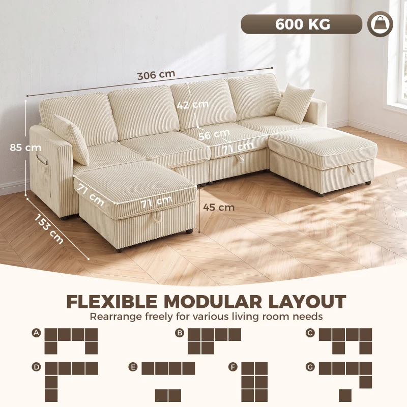 HOMCOM Canapea 4 locuri cu 2 pufuri de depozitare, canapea de colţ modulară în U 306 cm din catifea reiată, 4 perne, cremă