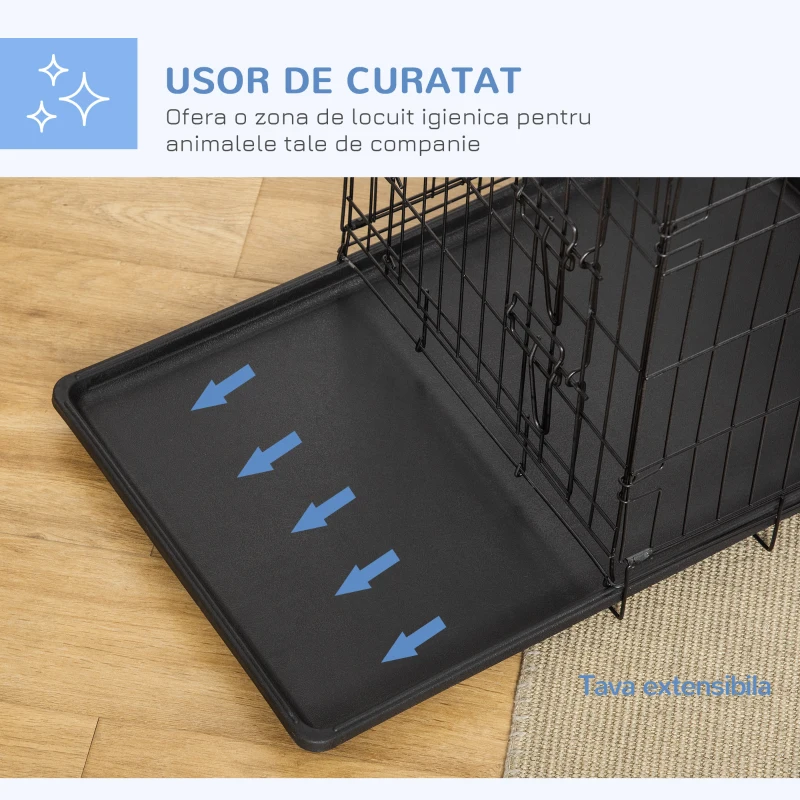 PawHut Cușcă Metalică pentru Câini, Pliabilă, cu 2 Uși și Încuietori de Siguranță, Ideală pentru Transport Auto sau Dresaj în Casă, 76x46x52 cm