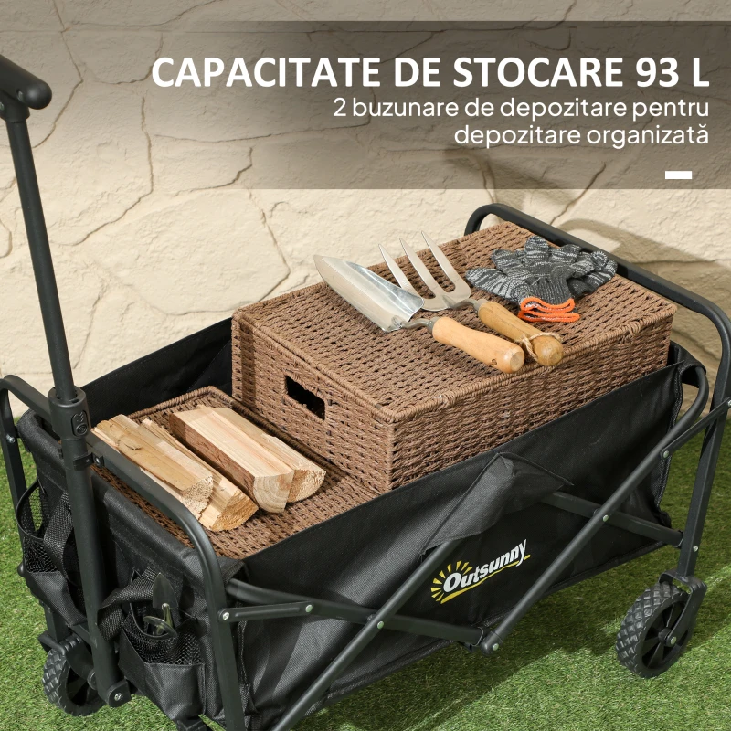 Outsunny Cărucior de Grădină 62L Pliabil cu Mâner Reglabil, din Metal și Țesătură Oxford, 76x48x86 cm, Negru