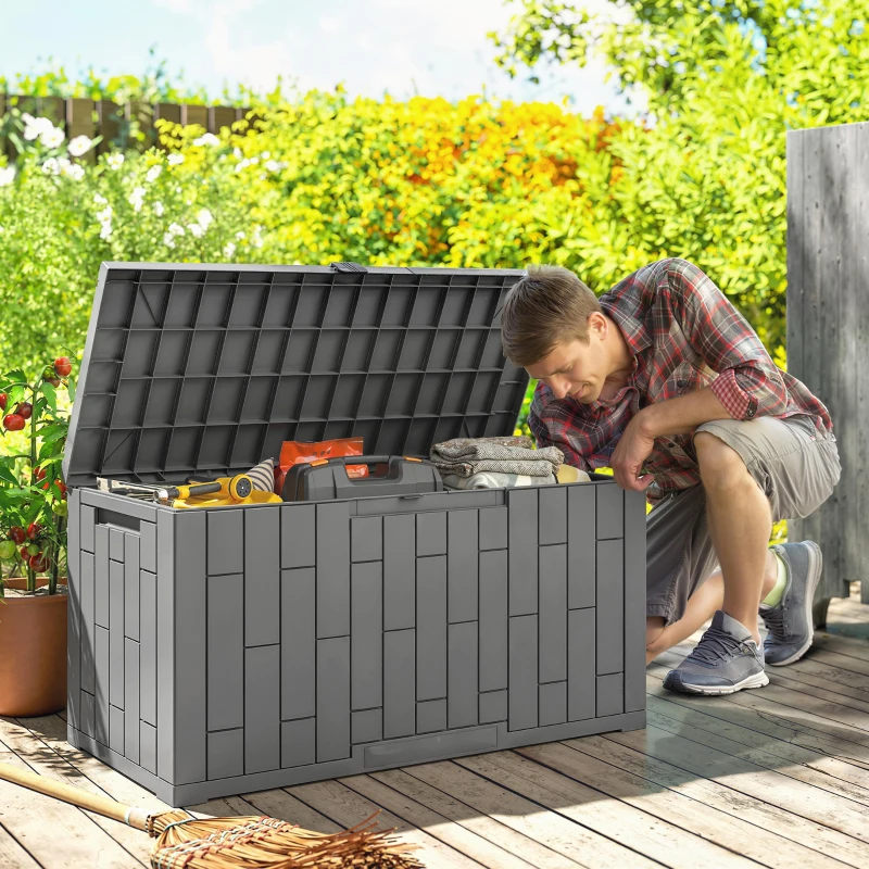 Outsunny Ladă de Grădină 227,4L cu Capac, Încuietoare, Protecție UV, 106,5x43x54,5 cm, Efect Lemn Gri