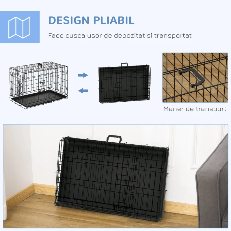 PawHut Cușcă Metalică pentru Câini, Pliabilă, cu 2 Uși și Încuietori de Siguranță, Ideală pentru Transport Auto sau Dresaj în Casă, 76x46x52 cm