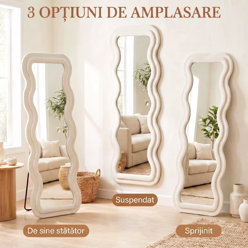 HOMCOM Oglindă de Podea Autoportantă cu Ramă Ondulată din Catifea, 160x60 cm, Sticlă Securizată, Crem