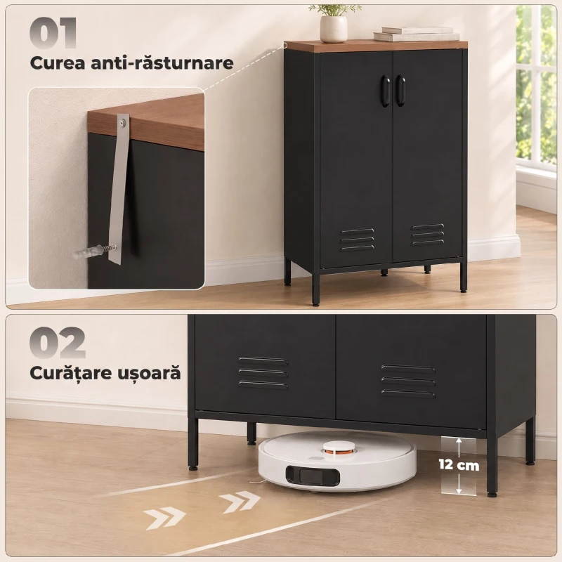 HOMCOM Bufet din Metal cu 2 Uși și Poliță Reglabilă, pentru Living/Birou, Negru