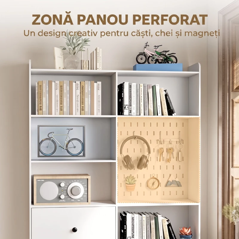 HOMCOM Bibliotecă Dublă cu 6 Niveluri, Sertare și Panou Perforat, Alb