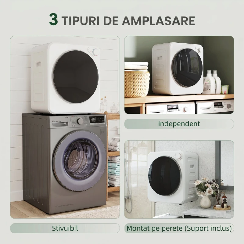 HOMCOM Mini Uscător de Rufe Portabil, Capacitate 2.5 kg, 5 Programe, 800/400 W, Tambur din Oțel Inoxidabil, Alb