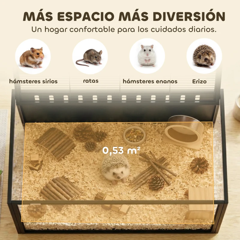 PawHut Jaula para Hámster Grande 105x51x53 cm con Tapa Ventilada Abatible, Marco de Acero, Paneles Transparentes Negro
