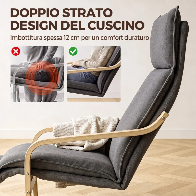 HOMCOM Poltrona Salotto in Lino con Poggiapiedi, Schienale Alto, Grigio Scuro
