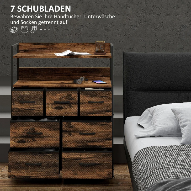 HOMCOM Stoffen Ladekast, 7 Opvouwbare Laden, 2 Planken, Stalen Frame, Bruin