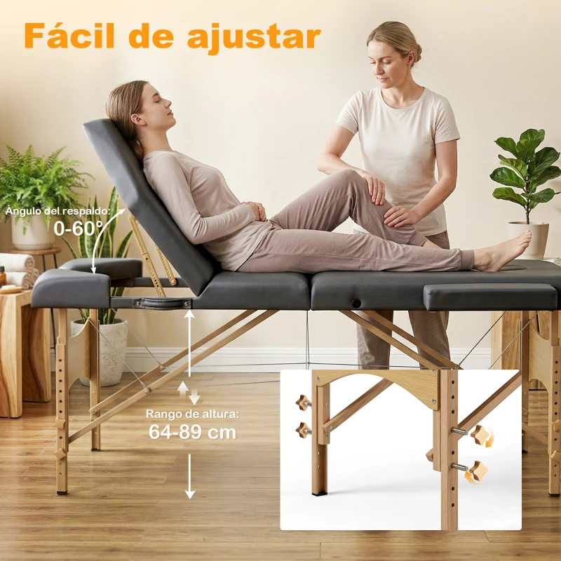 HOMCOM Camilla Masaje Plegable de Madera de 3 Zonas con Altura Respaldo Reposacabezas Ajustables Brazos 215x60x62-89 cm Gris