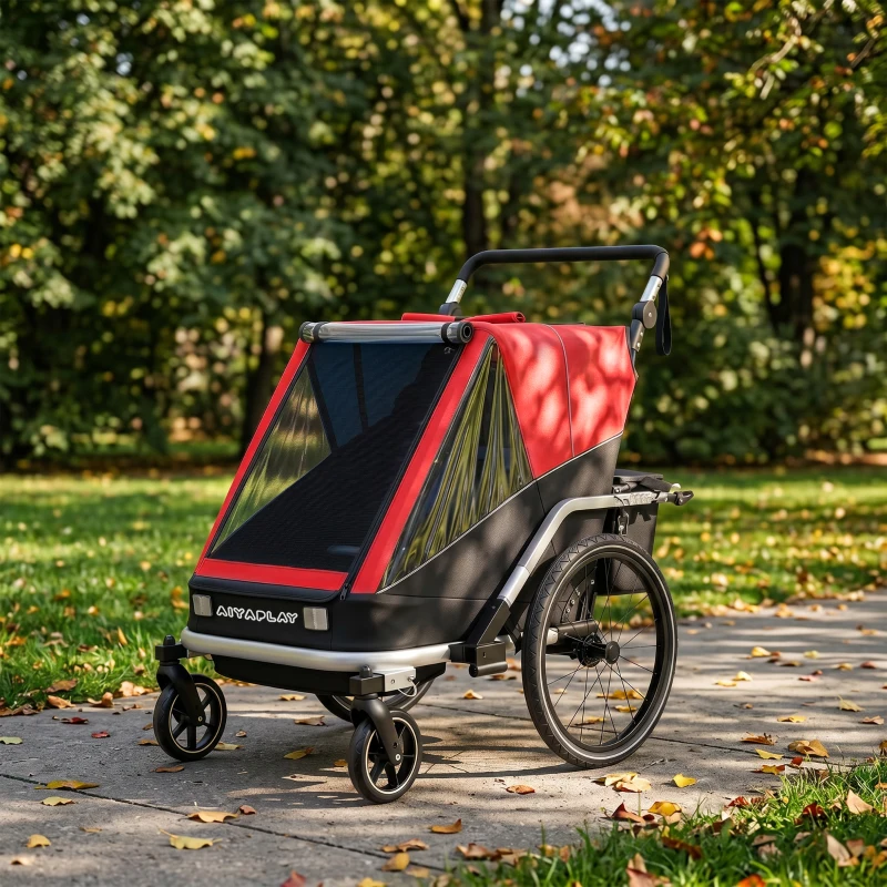 AIYAPLAY Fahrradanhänger für Kinder, 2-Sitzer, 2-in-1 faltbarer Kinderfahrradanhänger mit verstellbarem Sitz und Gurten, Rot