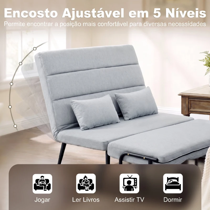 HOMCOM Sofá-cama de 2 Lugares 3 em 1 em Tecido Efeito Linho com Encosto Ajustável Click-Clack, Cinzento-claro
