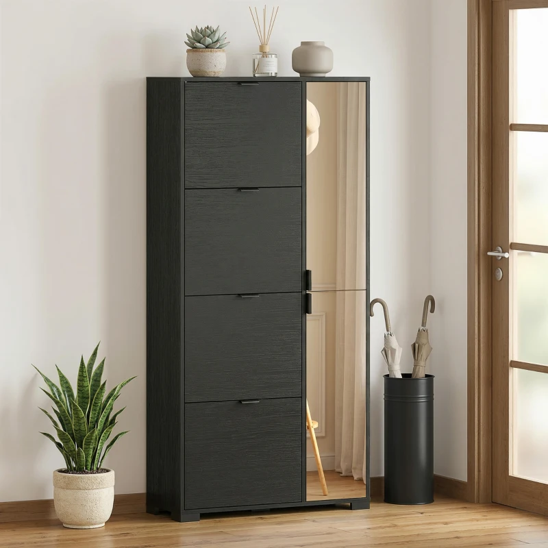 HOMCOM Meuble à chaussures 16 paires armoire à chaussures 4 tiroirs rabattables 2 portes en miroir étagères réglables noir