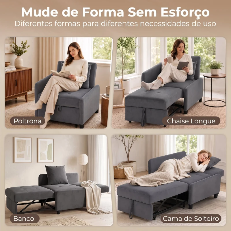 HOMCOM Sofá Cama Individual 4 em 1 Cadeirão-cama em Veludo com Encosto Ajustável e Bolsos Laterais Cinza Escuro
