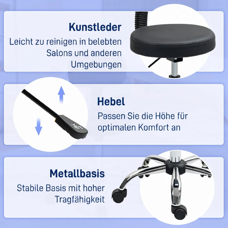 HOMCOM Rollhocker Höhenverstellbarer Drehhocker mit Lehne, Drehbarer Arbeitshocker Kunstleder Schwarz 46 x 51 x 78-93 cm