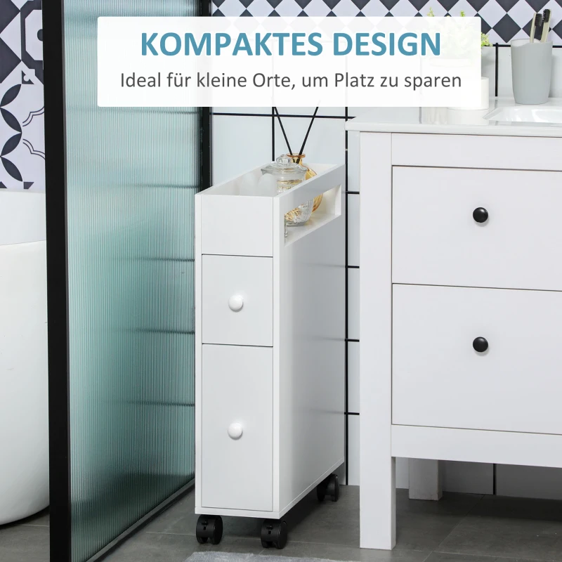 HOMCOM Badkamerkast op wielen, smal design, twee lades, vier wielen, wit, 16 x 49,5 x 66 cm(m-6)