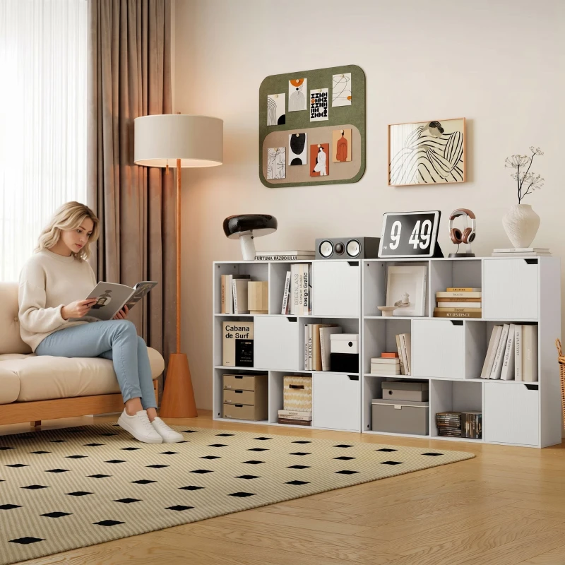 HOMCOM Bibliotecă modulară cu 6 secțiuni deschise și 3 închise, din lemn alb, 106x24x95 cm