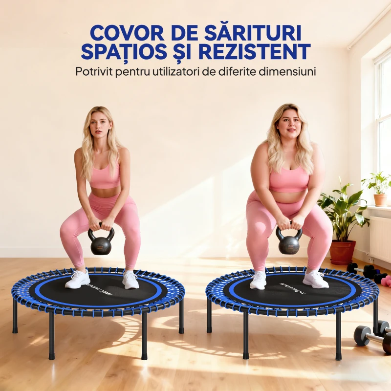 SPORTNOW Trambulina Fitness (cu 36 de arcuri de oțel și șnururi elastice PP), 114cm x 114cm x 31cm, Albastră