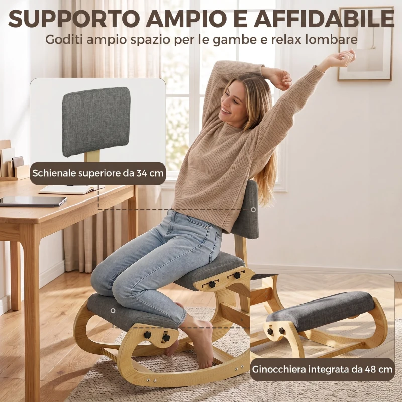 HOMCOM Sedia Ergonomica Inginocchiata in Tessuto Effetto Lino e Compensato di Betulla, Grigio