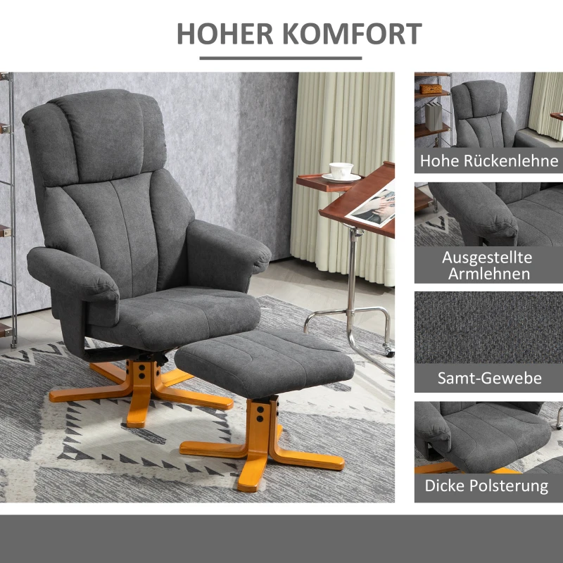 HOMCOM Verstelbare Fauteuil met Voetenbankje met Hoge Rugleuning en Houten Frame voor Woonkamer, Slaapkamer, Donkergrijs