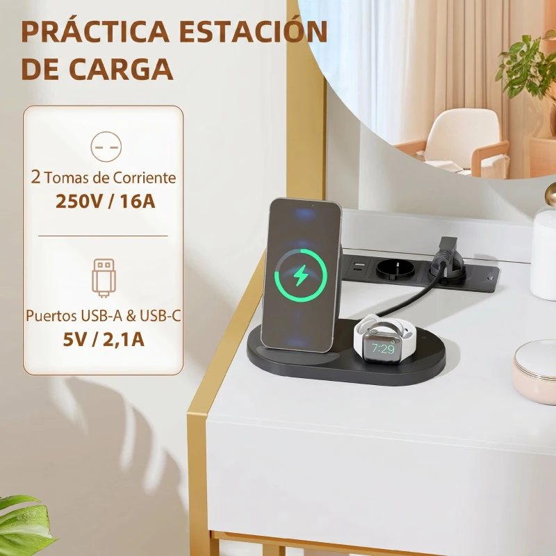 HOMCOM Tocador de Maquillaje con Espejo y Taburete Acolchado Estación de Carga 2 Cajones 3 Estantes para Dormitorio Blanco