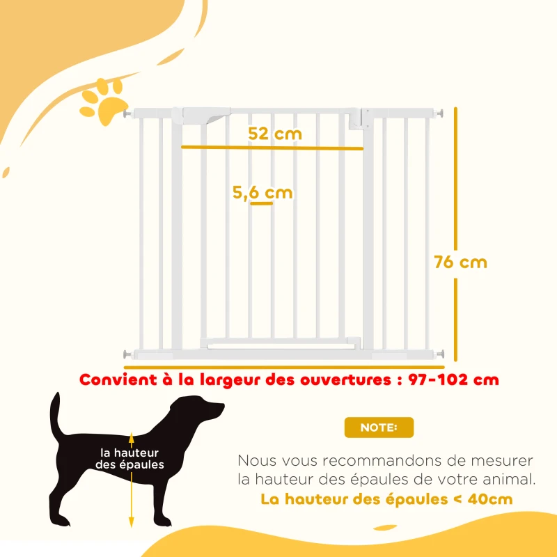 PawHut Barrière de sécurité pour chiens et bébés 76 à 102 cm avec extension fixation par pression sans perçage blanc