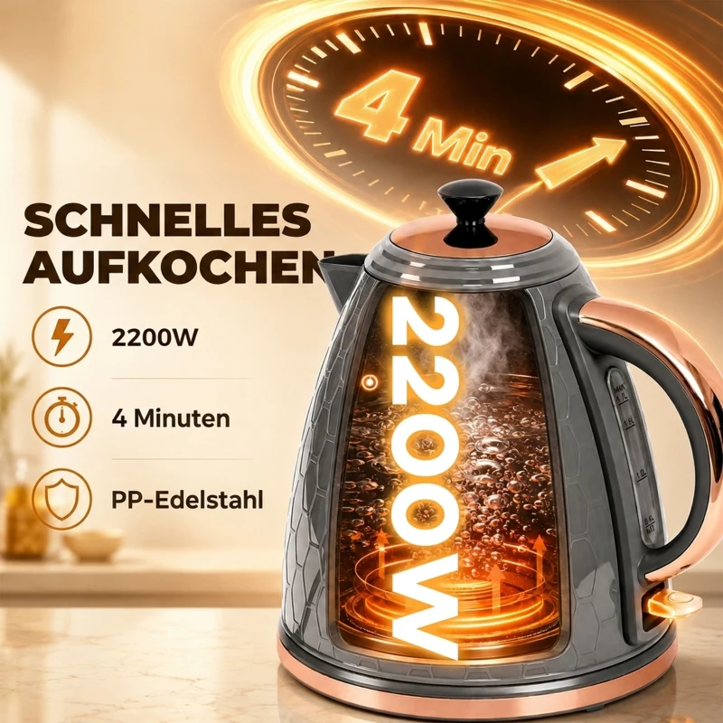 HOMCOM Wasserkocher, 2200W, Sichtfenster, Filter, Schnellkocher, Grau