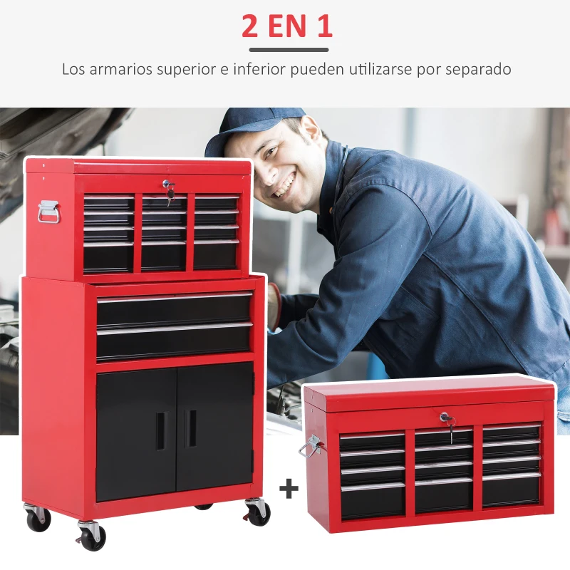 HOMCOM Carro de Herramientas con Baúl Superior 6 Cajones Armario Cerradura 4 Ganchos para Garaje Hogar Rojo