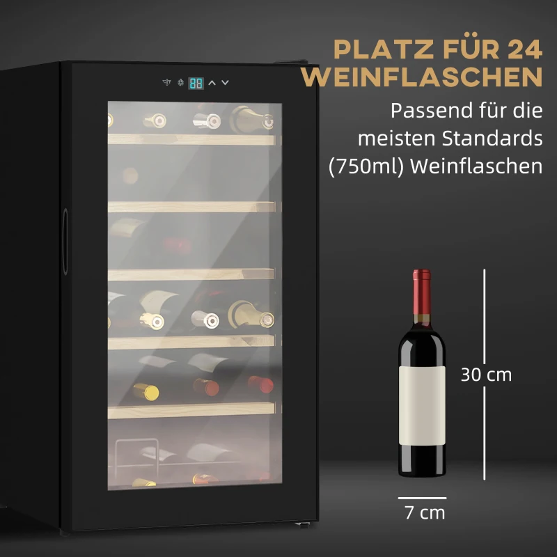 HOMCOM Wijnkoelkast voor 24 flessen, instelbare temperatuur van 5 tot 20° C, LED-verlichting, zwart, 43 x 45 x 75 cm