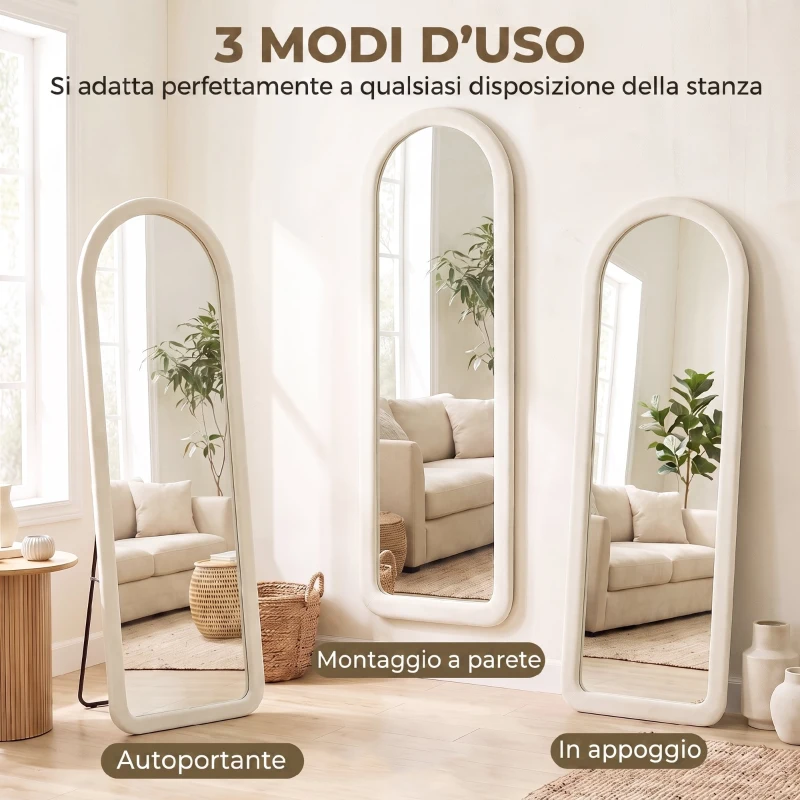 HOMCOM Specchio da Terra e Parete ad Arco con Cornice in Flanella, 160x60 cm, Bianco Crema