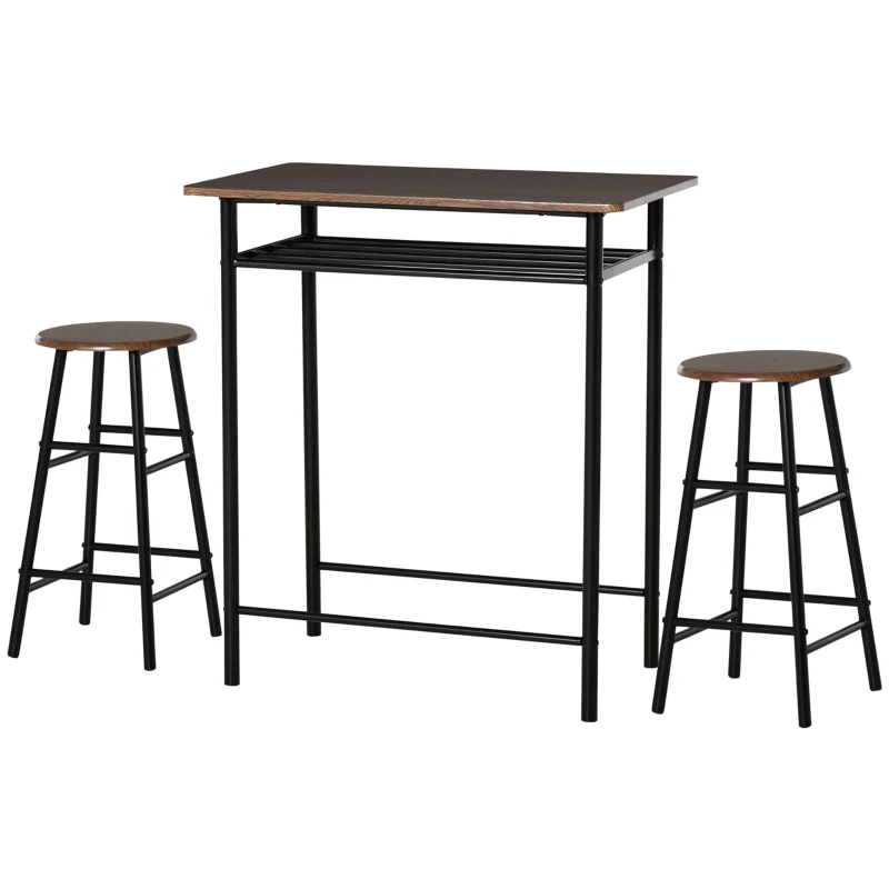 HOMCOM Bartafel Set, 3-delig, Tafel & 2 Krukken, Opbergrek, Industrieel Ontwerp, Zwart/Eiken