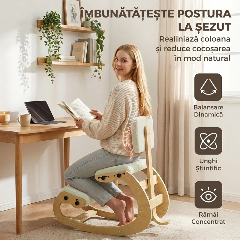HOMCOM Scaun Ergonomic pentru Genunchi cu Spatar, Balansoar, Postural, Lemn Mesteacan, Crem