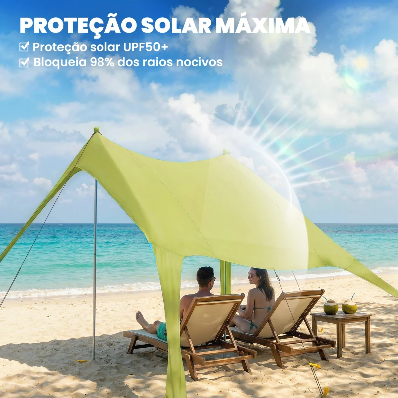 Outsunny Tenda de Praia Dobrável com Tapete UPF50+ Postes de Alumínio Pá Estacas e Bolsa de Transporte 208x200 cm Verde