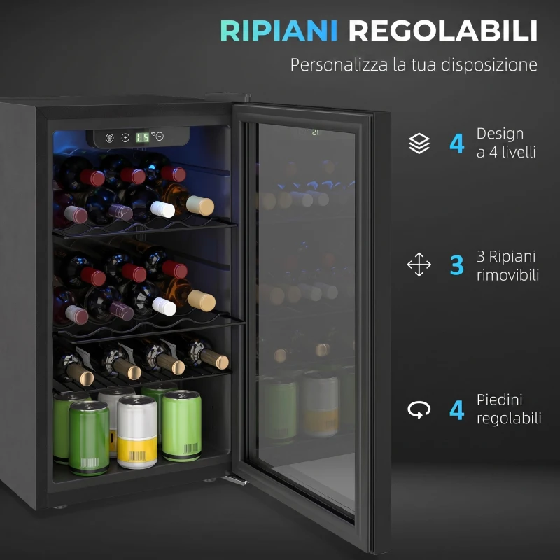 HOMCOM Cantinetta Frigo Vino 68L con Ripiano Rimovibile e Raffreddamento Silenzioso, 43x46x74 cm, Nero